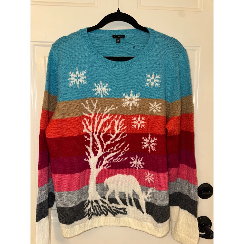 Talbots Womens XL Mohair Lambswool Blend Winter Deer Snowflake Striped Sweater